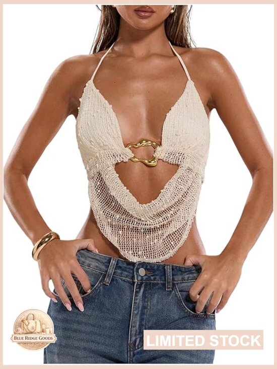 Tops - Crochet Halter Tank Top Backless Draped Front Festival Going Out Tops Y2K Rave